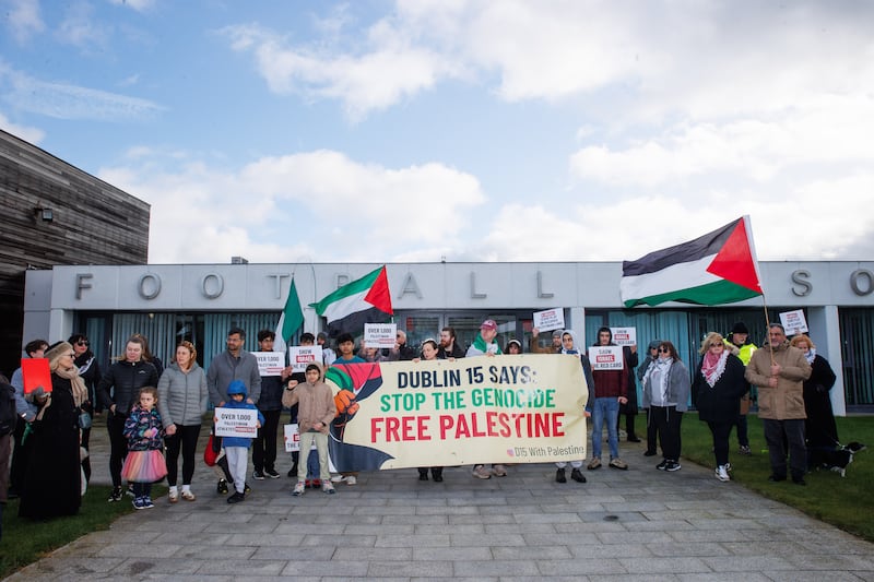 Demonstrators at FAI HQ in advance of the Ireland-Israel fixture. Photograph: Tom Maher/Inpho