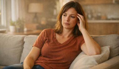 A woman sitting on a couch at home looking uneasy with her hand against her temple, warm indoor lighting
