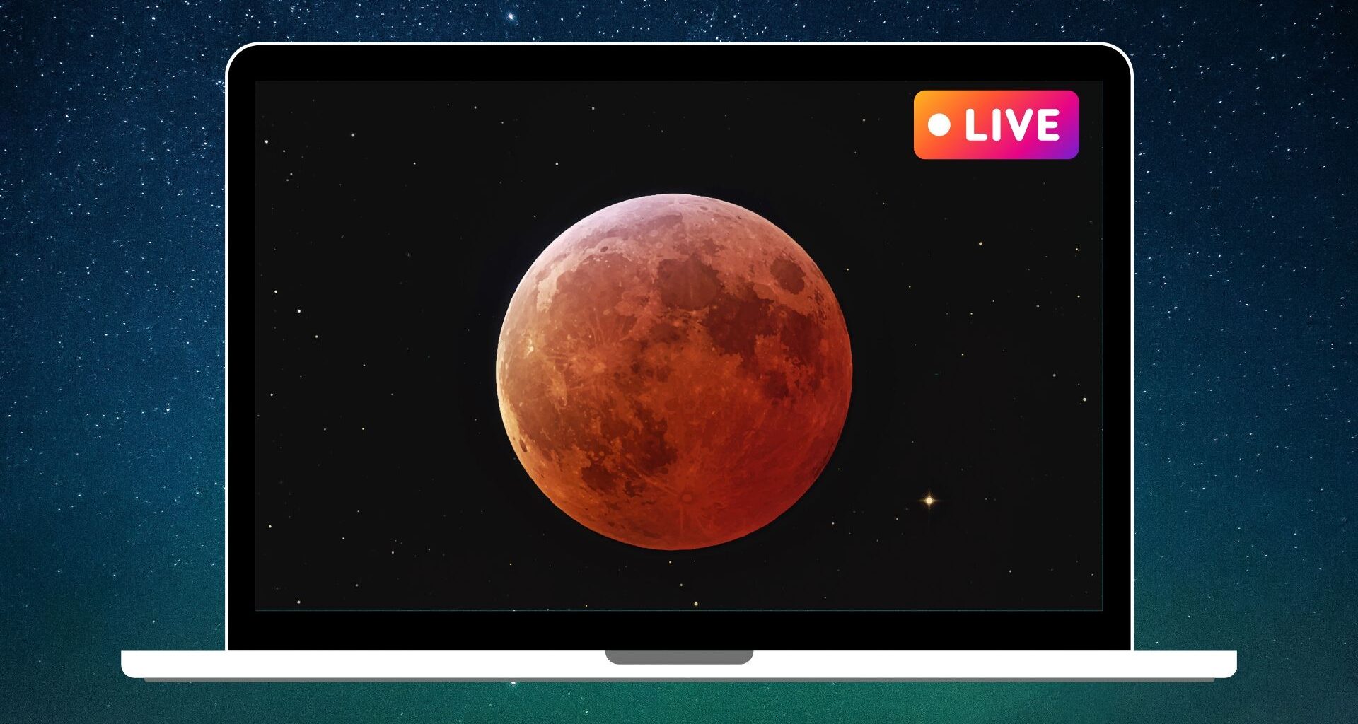 graphic showing a blood moon during a total lunar eclipse in the center of a laptop screen with a pink and yellow "live" sign in the top right corner.