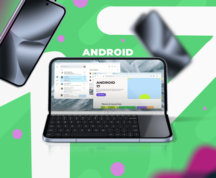 A foldable smartphone displaying an Android 17 desktop interface with floating windows, a taskbar, and a virtual keyboard and trackpad