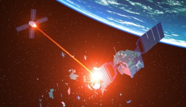 A Military Spacecraft Fires A Laser Beam At An Enemy Satellite
