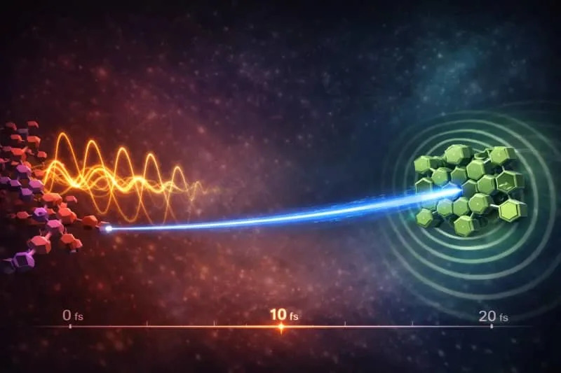 Artist’s illustration of the interplay of a vibrational mode in electron-transfer processes. (CREDIT: Pratyush Ghosh)