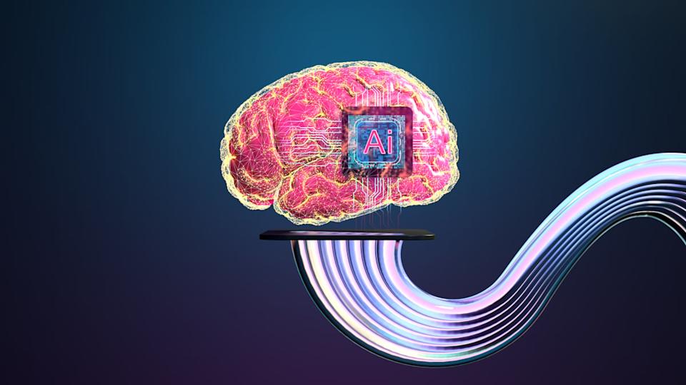 A brain with an AI chip in it and a ribbon cable going into the bottom of it.