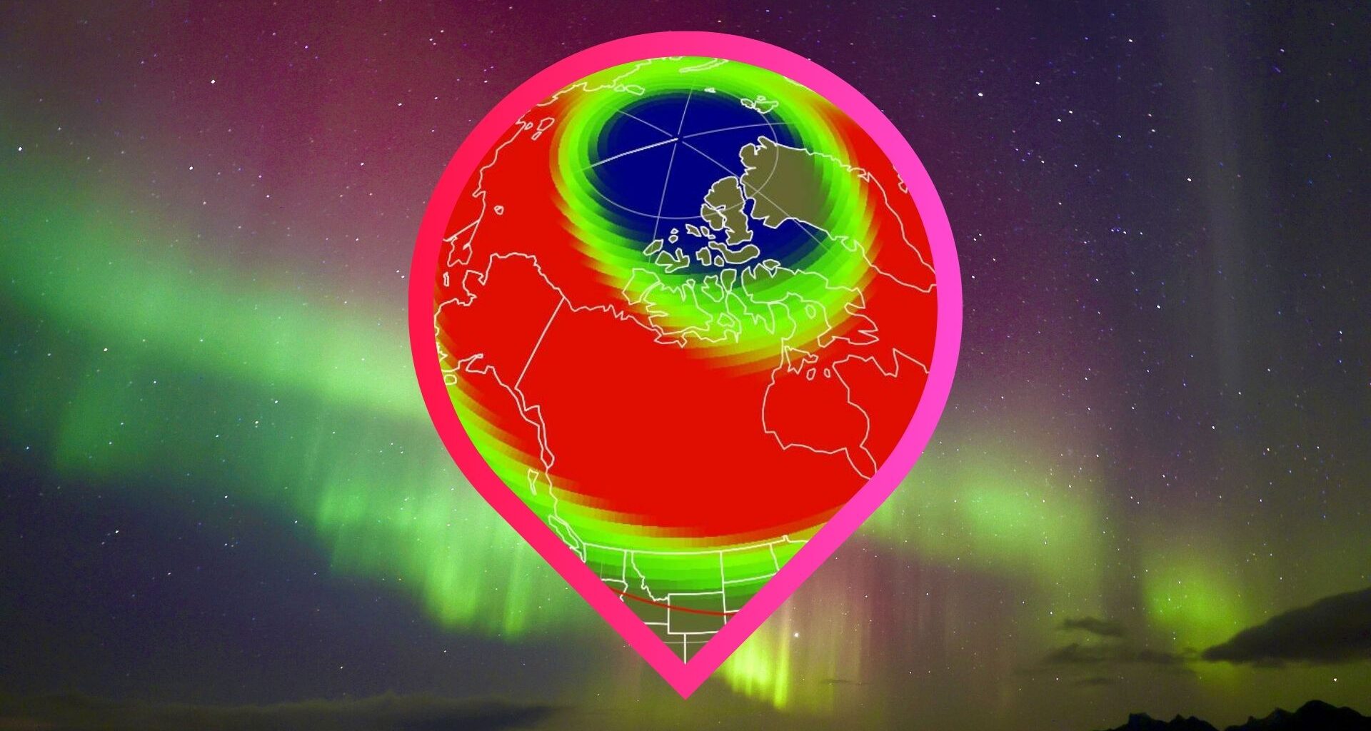 a map of the us showing the possible aurora view line for tonight courtesy of NOAA's space weather prediction center. Shows large part of the US colored red indicating potential widespread auroras tonight.