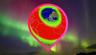 a map of the us showing the possible aurora view line for tonight courtesy of NOAA's space weather prediction center. Shows large part of the US colored red indicating potential widespread auroras tonight.