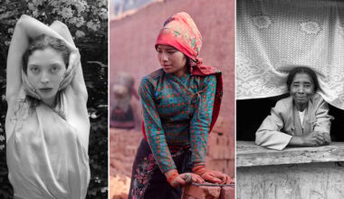 A photo collage with three portraits: a woman with wavy hair poses with arms raised in front of flowers; a woman in colorful traditional clothing and a headscarf looks to the side; an elderly woman leans out of a window smiling.
