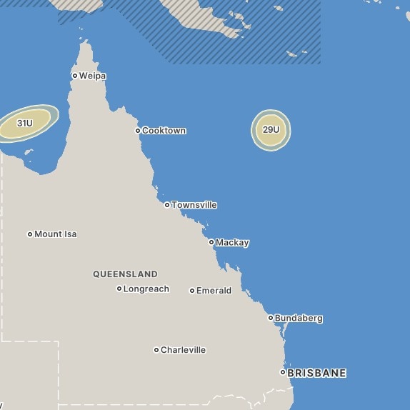 Map showing large coloured circle over Townsville with '29U' in centre