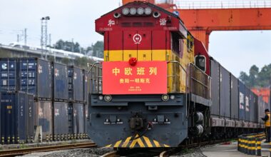 A China-Europe freight train loaded with auto vehicles and auto parts departs from Dulaying international land-sea logistics hub in Guiyang, Southwest China