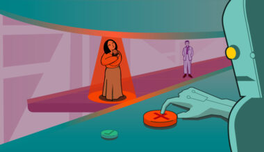 A robot watches a conveyor belt, its finger on the reject button, as a light scans a woman and baby.