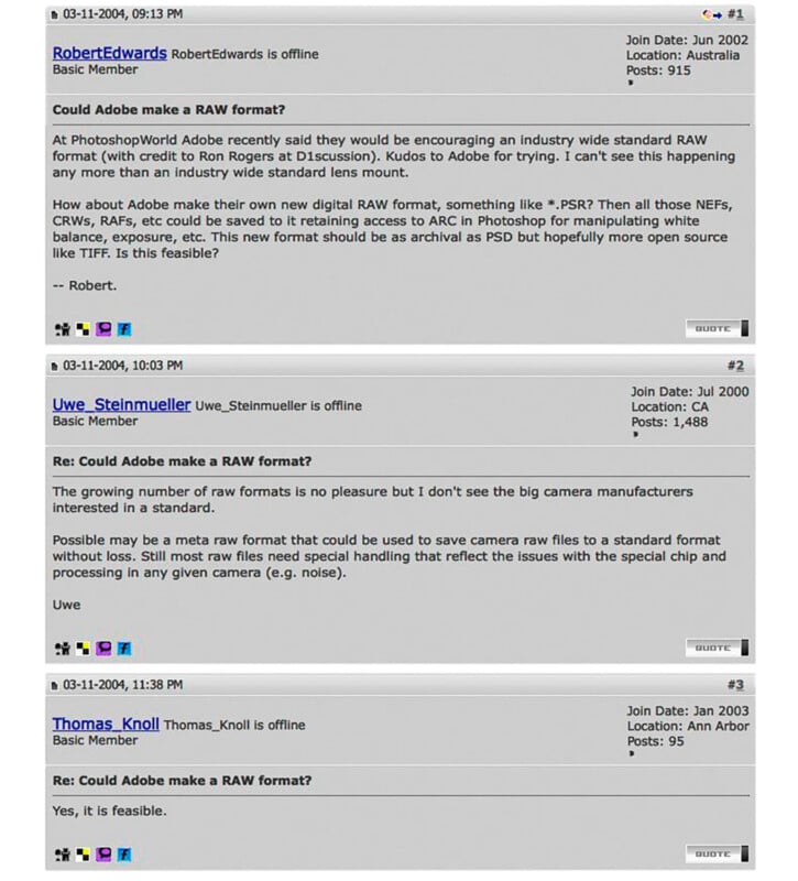 A screenshot of a forum discussion about the possibility of Adobe making a RAW photo format. Three users ask and discuss if Adobe could create a new RAW format, mentioning camera manufacturers and technical feasibility.