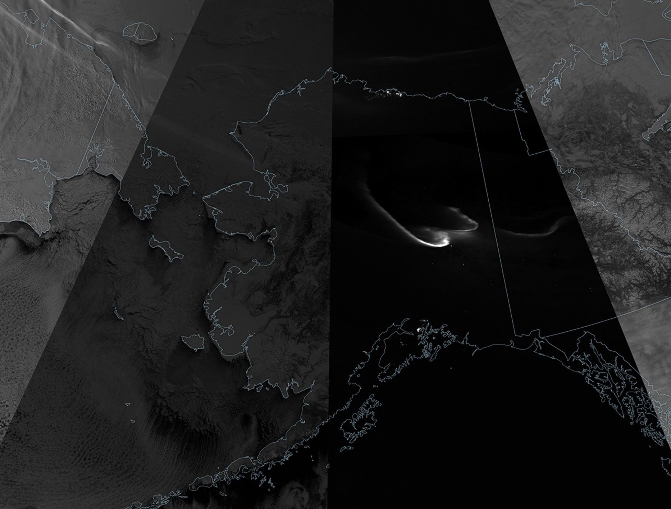 A grayscale composite satellite image centered on Alaska shows observations at several times during a total lunar eclipse. Snow, ice, and clouds appear bright in swaths acquired before and after the eclipse and darker gray in the partial phase. The scene during the total phase is mostly black.