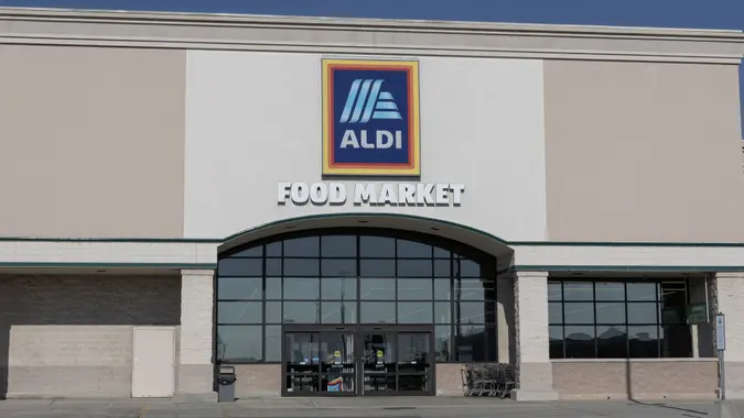 Aldi Discount Supermarket. Aldi sells a range of grocery items, including produce, meat and dairy at discount prices. stock photo