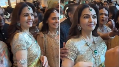 Nita Ambani stuns in lemon-toned saree with emerald jewellery at wedding celebration. (Instagram/@ambani_update)