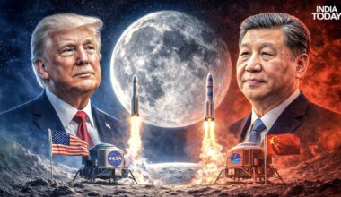 An artist's impression of the global race to the Moon to establish a base on the lunar South Pole. (Photo: India Today/Vani Gupta)