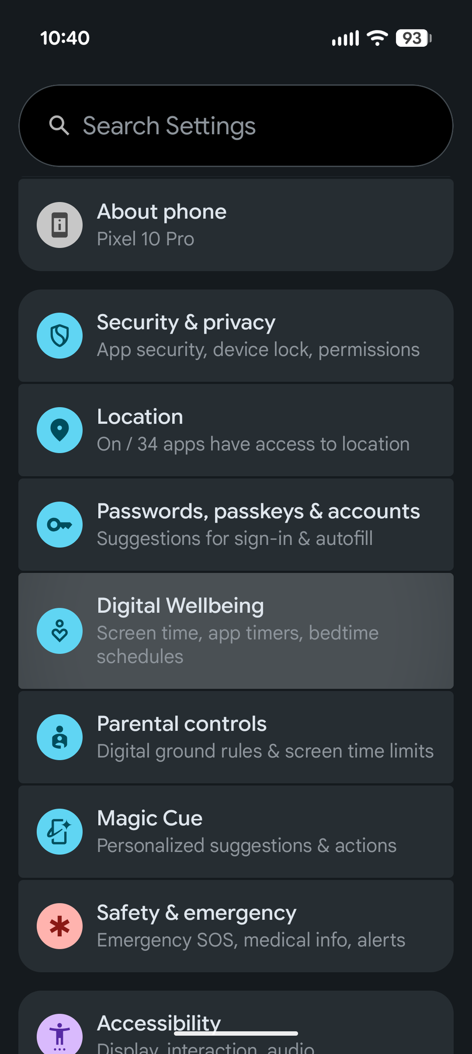 The Android 16 settings menu with Digital Wellbeing highlighted