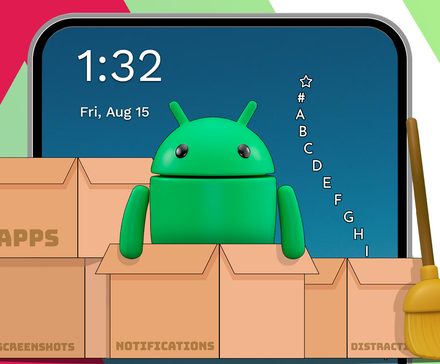 Android mascot standing among labeled cardboard boxes for apps, screenshots, notifications, and distractions, in front of a smartphone screen, with a broom leaning on the boxes.