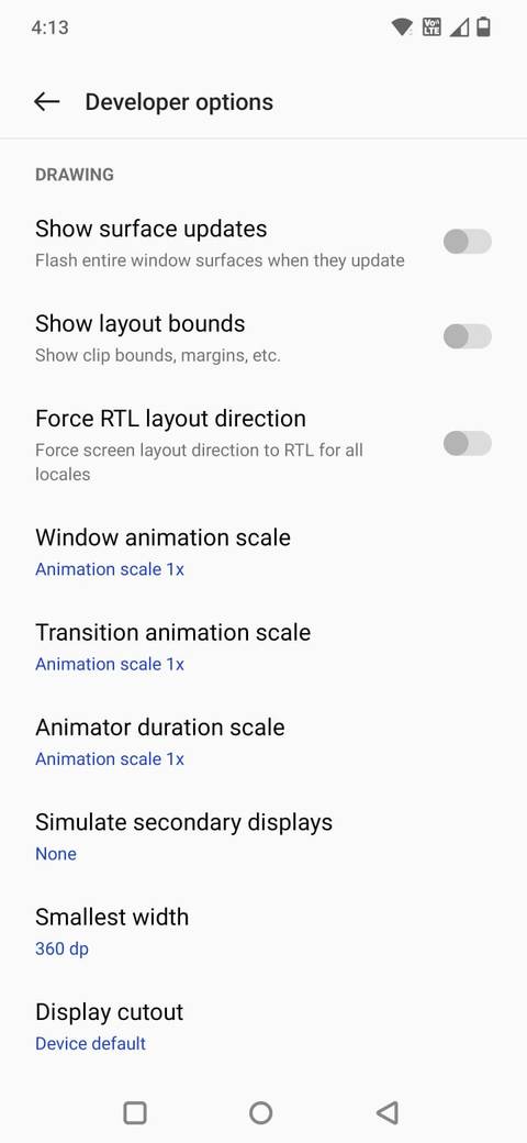 Screenshot showing the animation scale in Developer Options