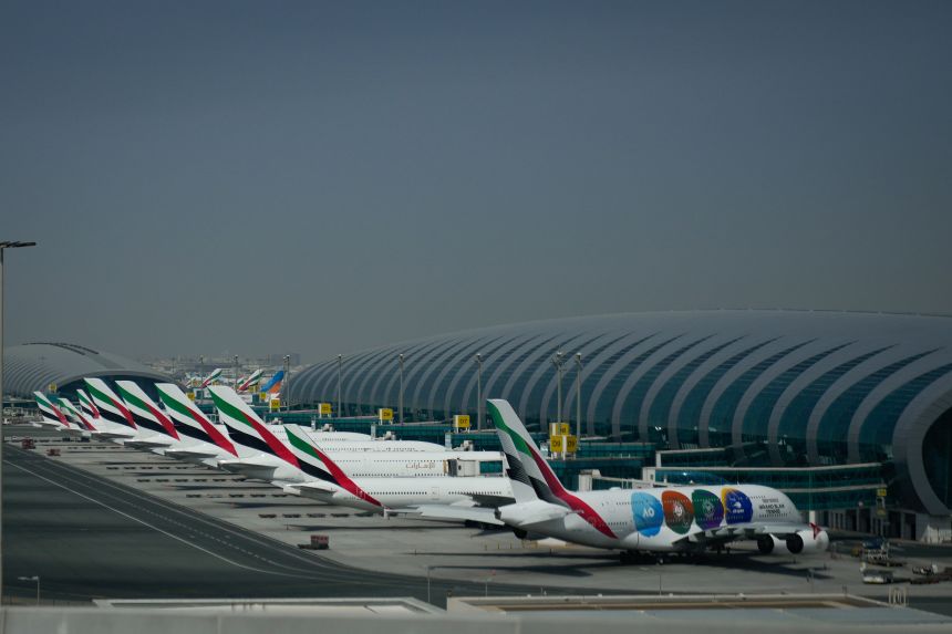 Emirates airplanes parked at Dubai International Airport after its closure on March 1.