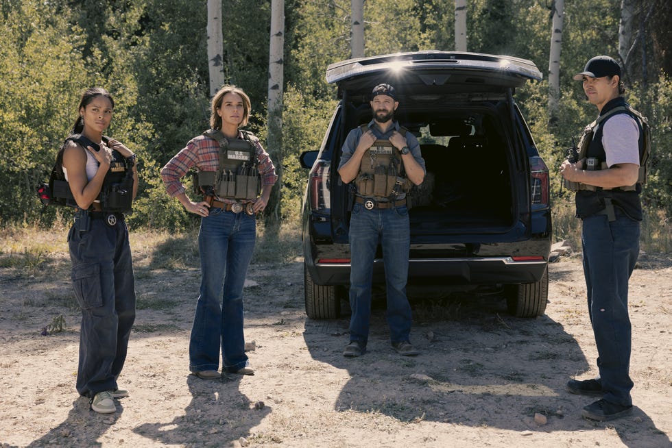 ash santos as andrea, arielle kebbel as belle, logan marshall green as pete calvin, and tatanka means as miles, marshals a yellowstone story