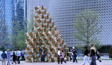 interlocking star modules build a porous timber installation