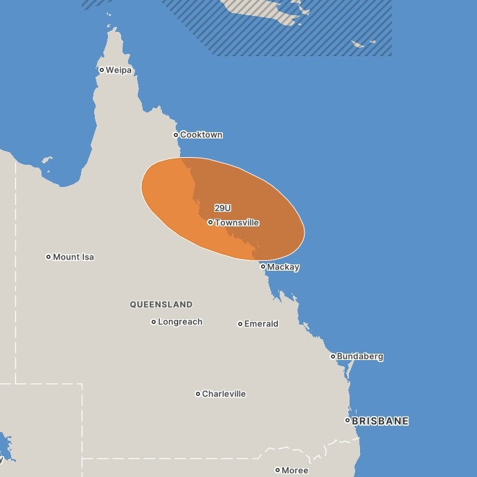 Map showing large coloured circle over Townsville with '29U' in centre