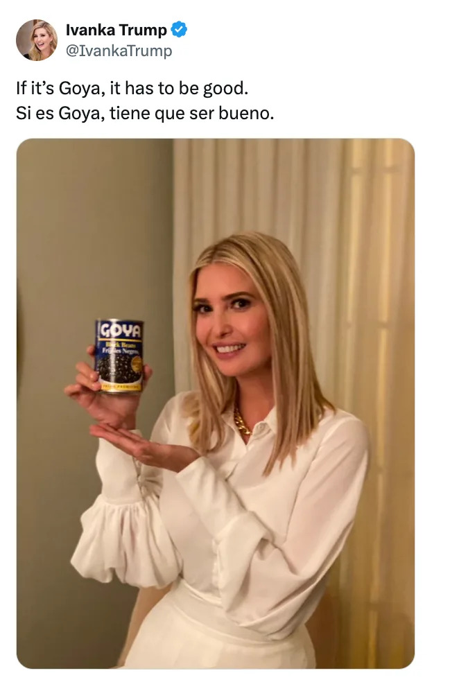 Person in elegant white outfit holds a can of Goya beans, smiling for a promotional photo. Tweet text reads: "If it’s Goya, it has to be good."