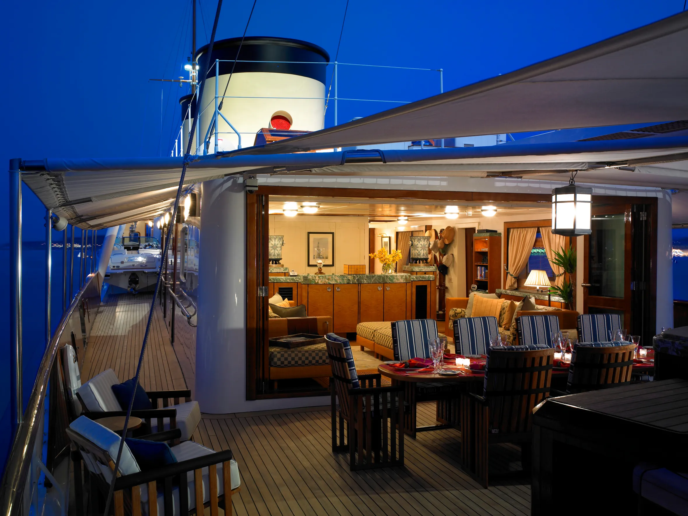 Dining area on the deck of the luxury yacht Talitha.