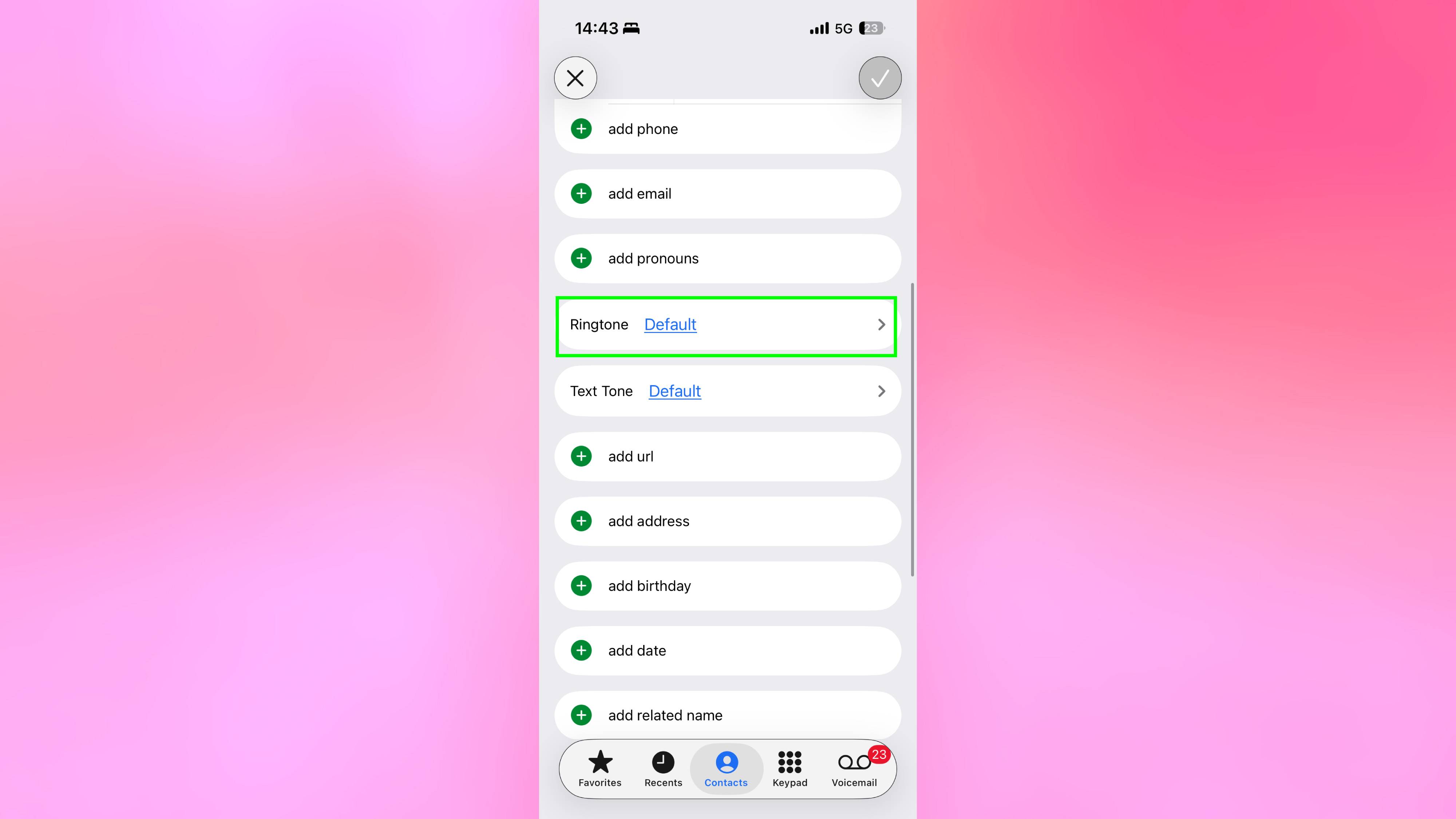 Ringtone highlighted in contacts on iPhone