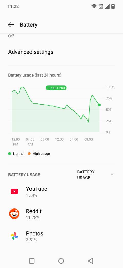 Screenshot showing the Battery settings