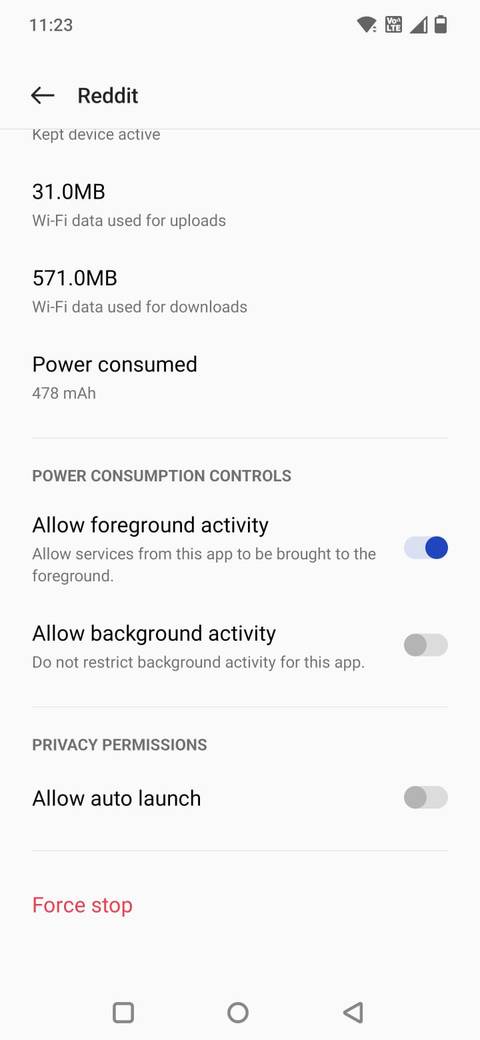Screenshot showing the Background activity toggle in Battery settings