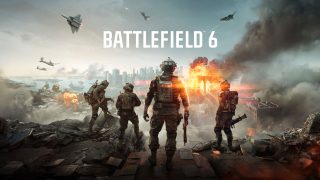 4 soldiers overlook a chaotic battlefield set in a big city. Military aircraft fly over them. The Battlefield 6 logo, in white, is overlaid at the top.