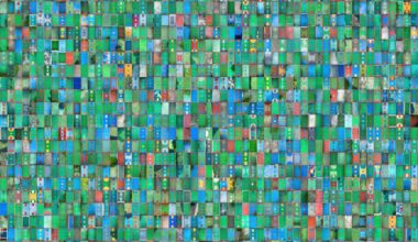 A composite image of hundreds of colorful basketball courts, photographed from above, to create a huge grid