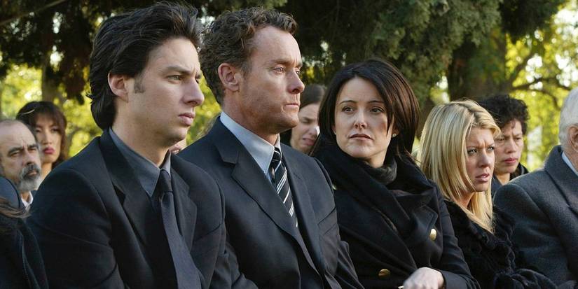 Cox (John McGinley) crying at Ben's (Brendan Fraser) funeral in My Screw Up in Scrubs.