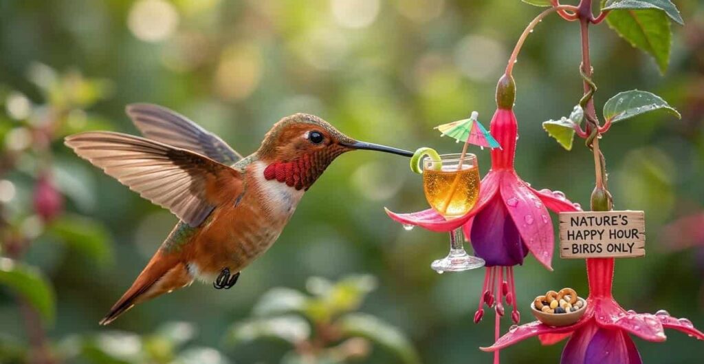 Hummingbird feeding from a beverage glass on a flower while another flower has a bowl of pretzels and nuts. Bar for hummingbird AI illustration.