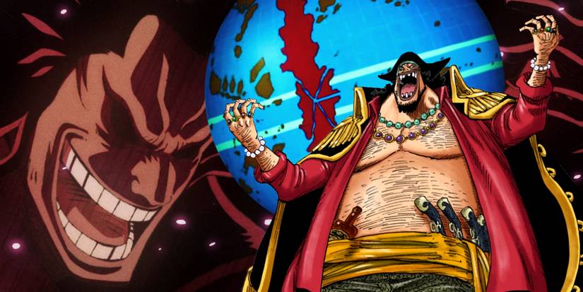 Blackbeard smiling with his arms stretched out and the world of One Piece behind him with Rocks D Xebec's silhouette in the background