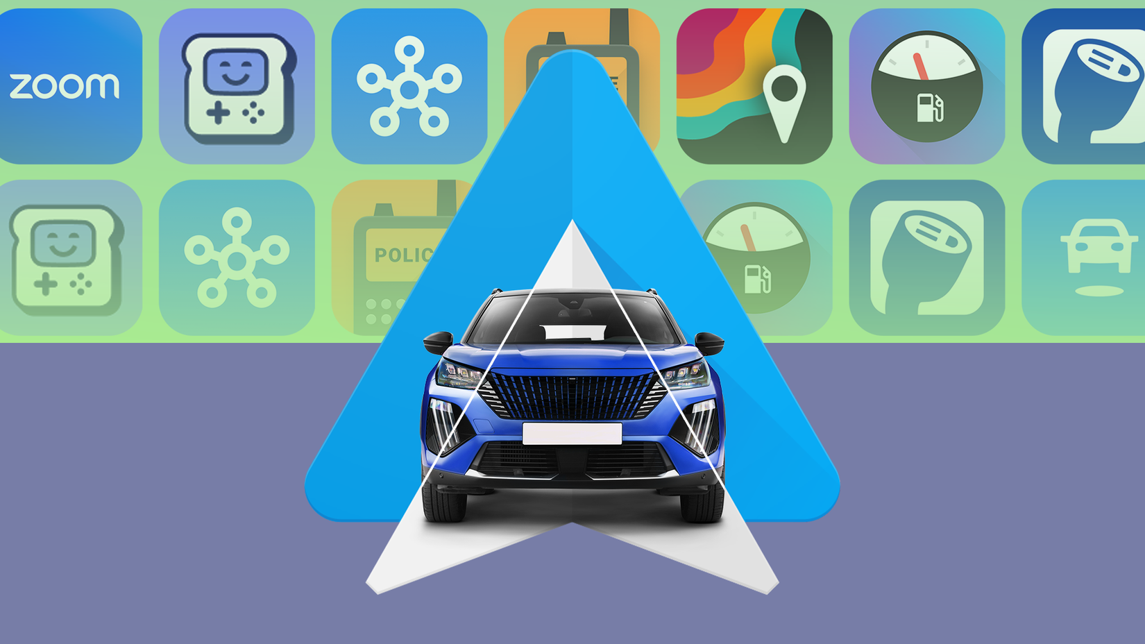 Blue car centered on an Android Auto logo, with a background grid of app icons