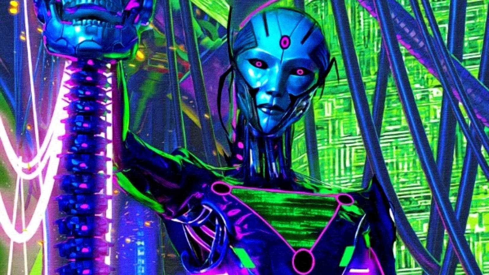 Brainiac Queen raises a robot skull with her hand in DC Comics