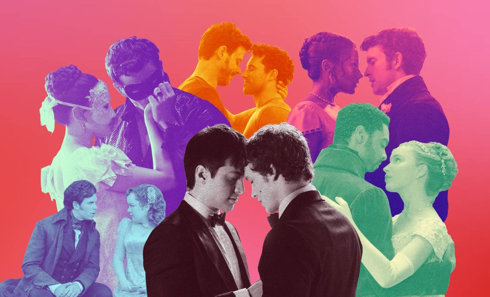 The various couples of "Bridgerton" and "Heated Rivalry" (Photo illustration by Salon / Netflix / HBO Max / Crave)