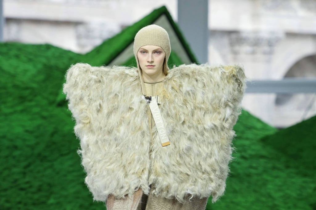 Extreme shoulders and furry textures were features of the Louis Vuitton fall/winter collection at Paris Fashion Week 2026. Photo: AFP