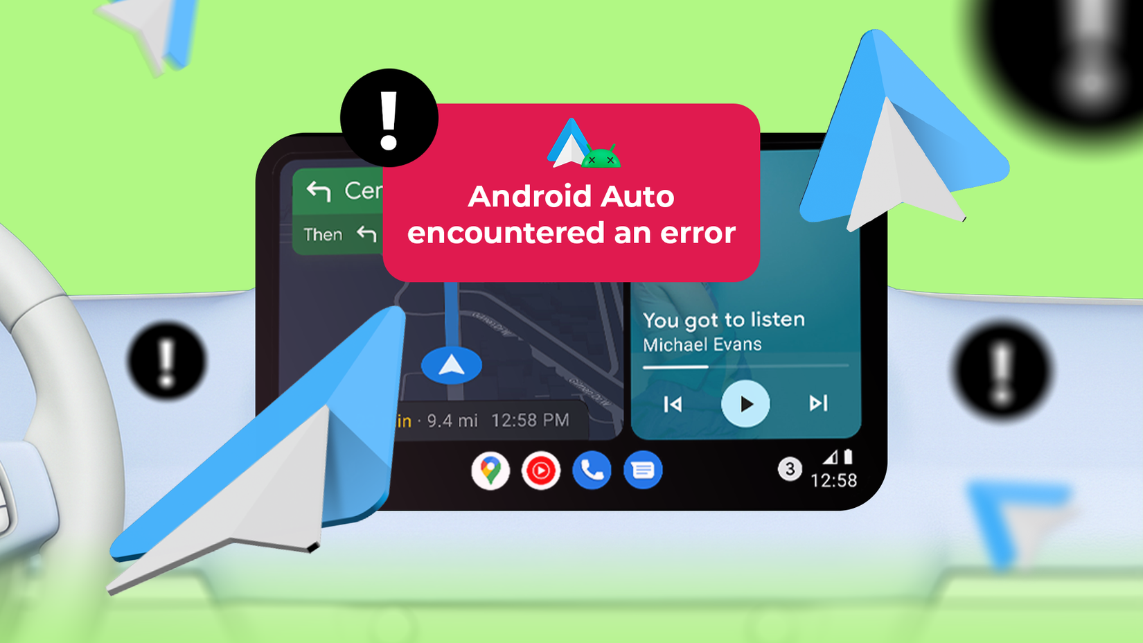 Car dashboard showing Android Auto with an error message, surrounded by warning icons