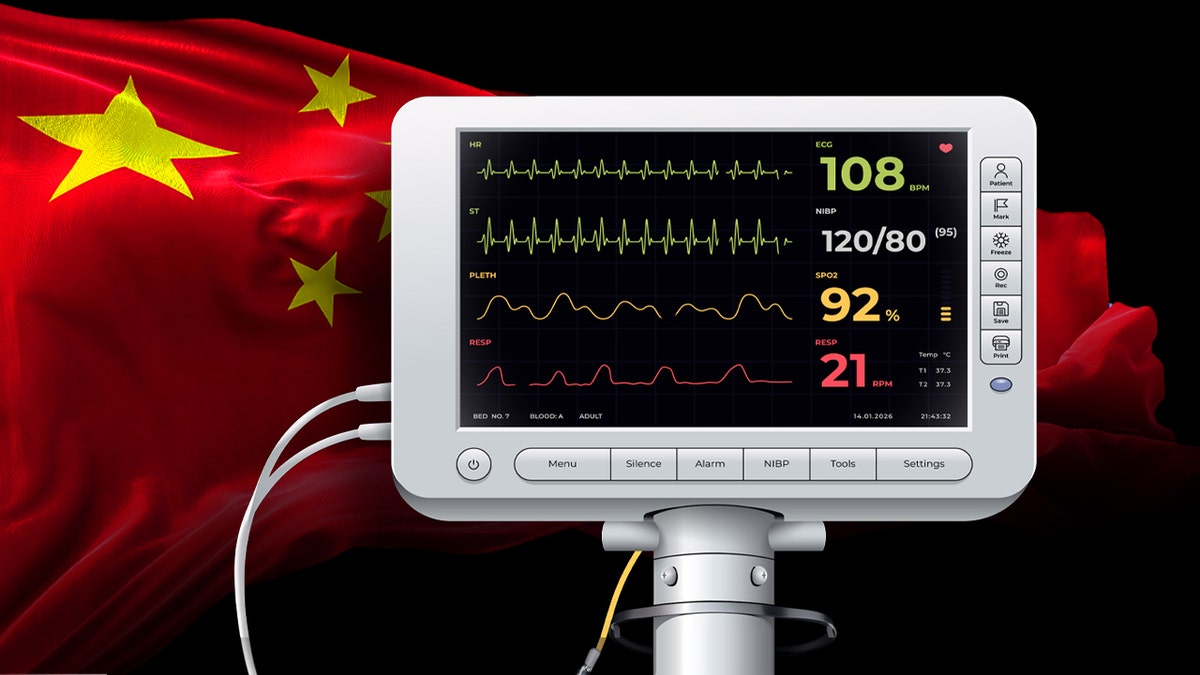 A patient monitor with a Chinese flag in the background.