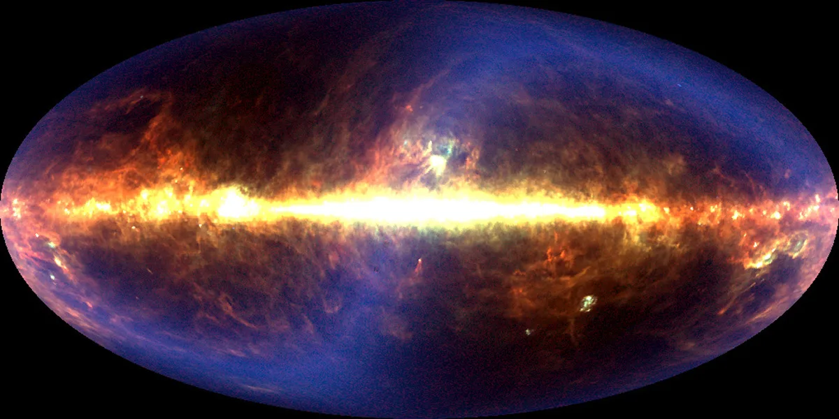 A view of the centre of our Milky Way Galaxy captured by the COBE spacecraft, which operated from 1989 to 1993. The picture shows the brightness of the full sky in infrared. The bright line across the centre is interstellar dust in the plane of our Milky Way Galaxy. The centre of the Galaxy is at the centre of this image. The red colour above and below this line represents wispy clouds of interstellar dust. The blue S-shaped formation is arises interplanetary dust in our Solar System. Credit: NASA, Michael Hauser (STScI), COBE/DIRBE Science Team