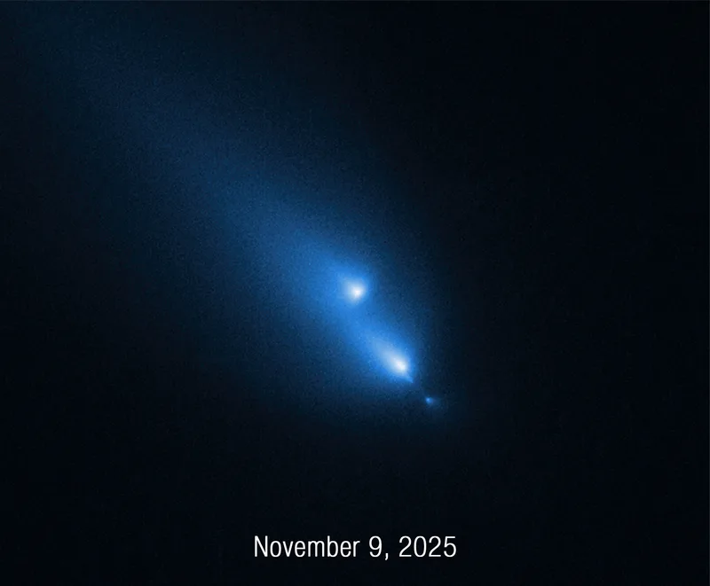 Observations of comet C/2025 K1 (ATLAS) breaking up, as seen by the Hubble Space Telescope in November 2025. Image: NASA, ESA, Dennis Bodewits (AU); Image Processing: Joseph DePasquale (STScI)