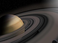 An artist's illustration showing Saturn's rings and several moons.