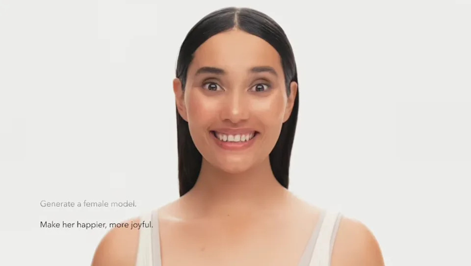 Smiling woman with long hair, wearing a sleeveless top, is prominently centered. Text reads: "Generate a female model. Make her happier, more joyful."