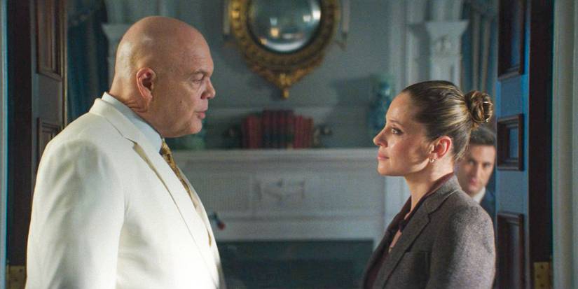 Wilson Fisk (Vincent D'Onofrio) facing toward and speaking to Heather Glenn (Margarita Levieva) in Daredevil: Born Again Season 1 Ep 9 