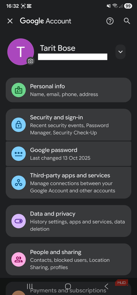 Data nd privacy settings in Google account