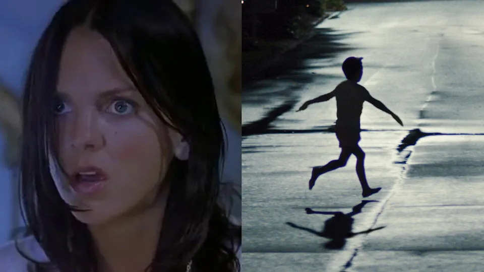 Anna faris looking scared in Scary Movie 2/child running with arms out in weapons