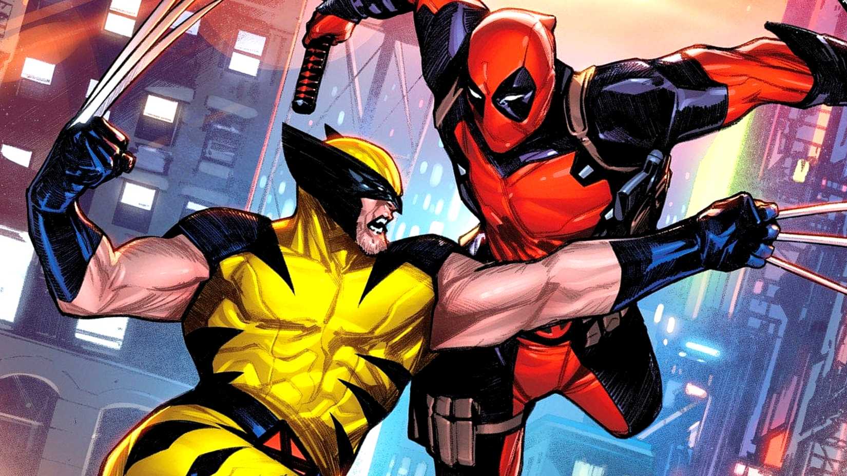Deadpool and Wolverine fight across rooftops in Marvel Comics