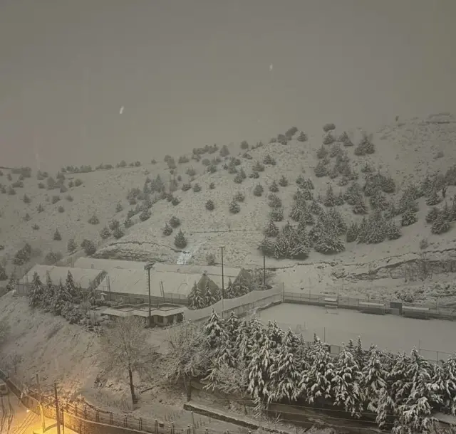 Snow covering a hillside and trees, with  two buildings and a large pitch at the bottom of the hill